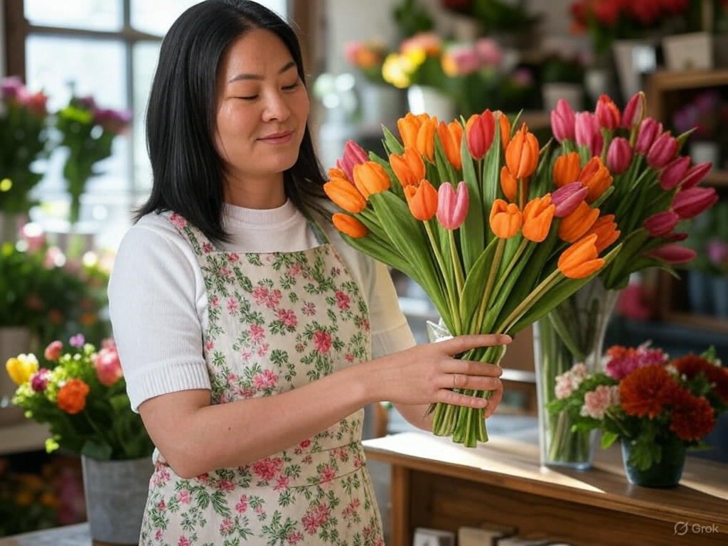 Florist making bouquet of tulip